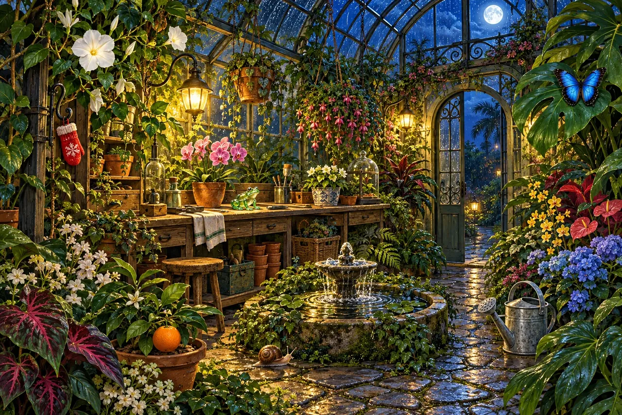 A moonlit glasshouse with tropical flowers, a fountain, and a gardener’s workbench.